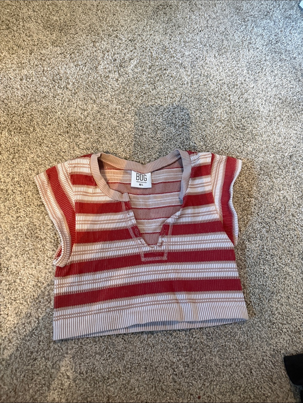 BDG Red & Cream Striped Cropped Ribbed Tank